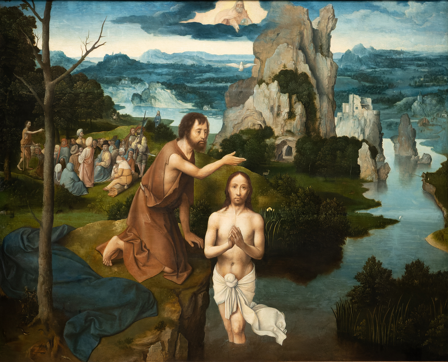 Johannes tauft Jesus im Jordan.  Gemälde von Joachim Patinier (1485-1524).